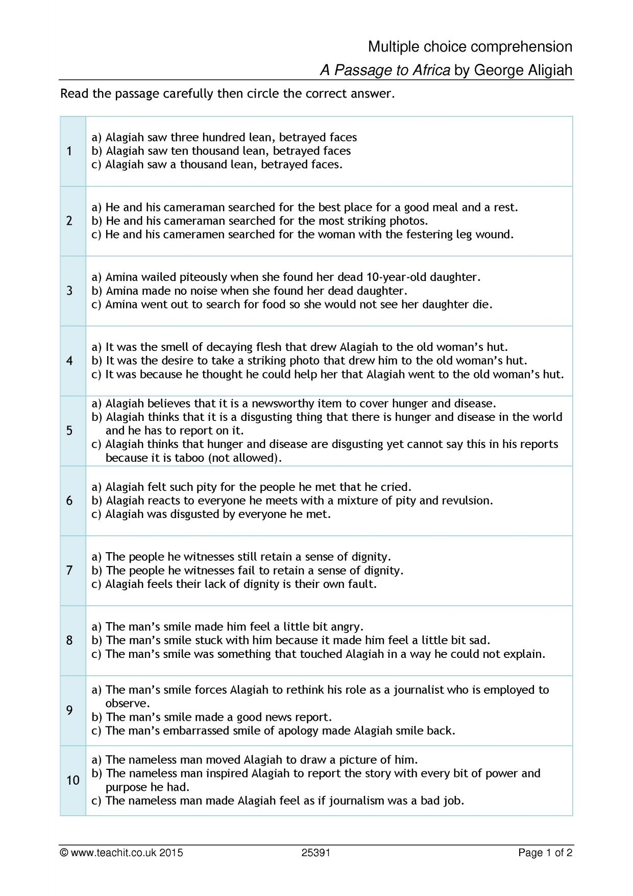 Comprehension Student Activity A Passage From Africa Edexcel IGCSE Teachit
