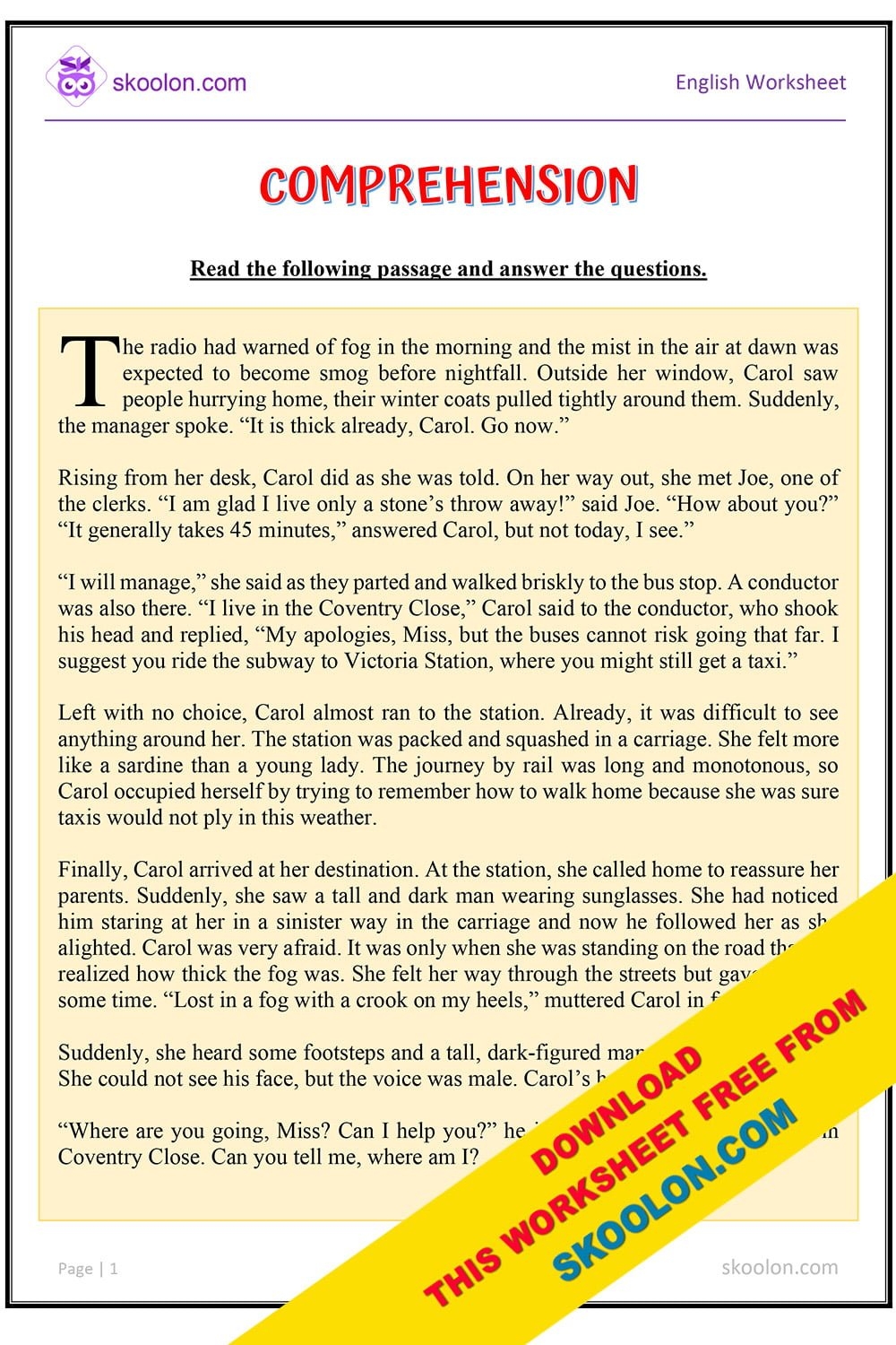 Reading Comprehension Worksheet For Grade 4