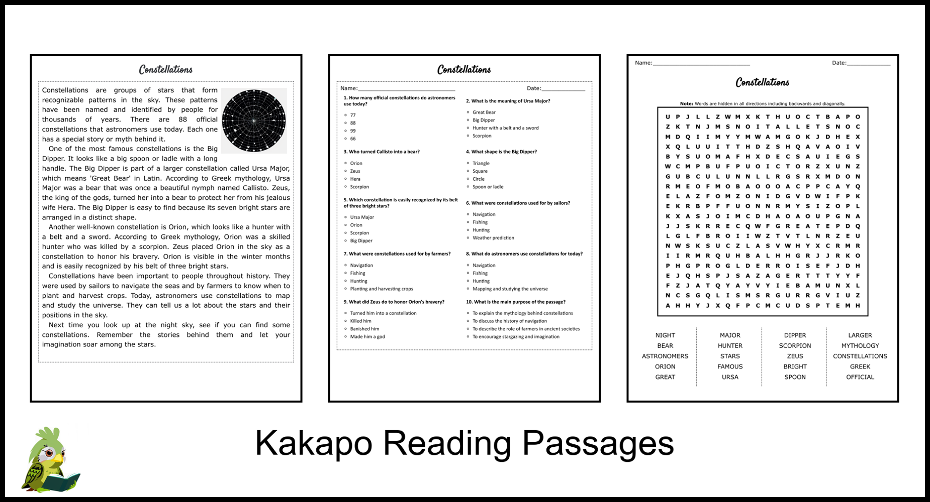 Constellations Reading Comprehension And Word Search Teaching Resources
