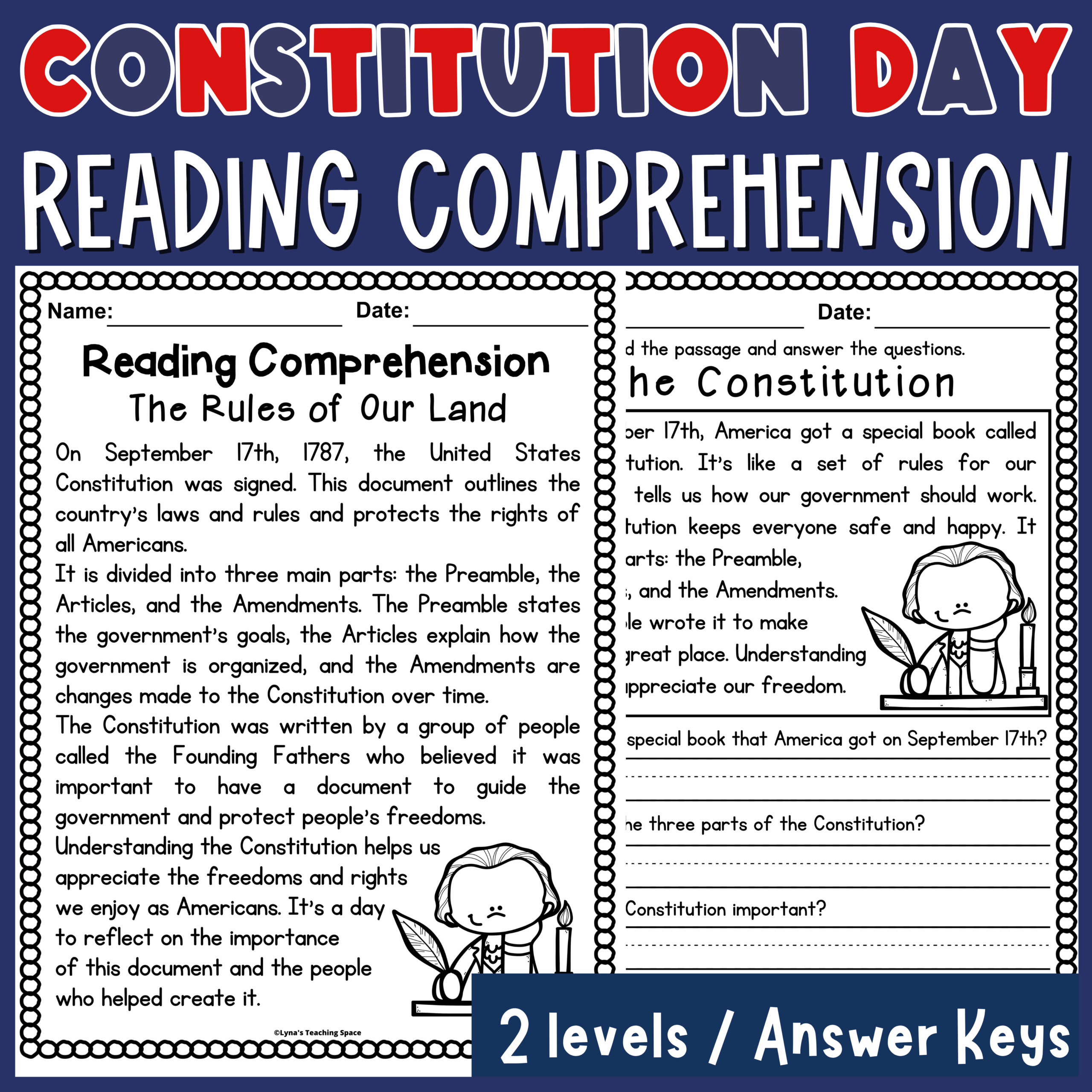 Constitution Day Reading Comprehension Passages U0026 Questions 2 Levels Made By Teachers