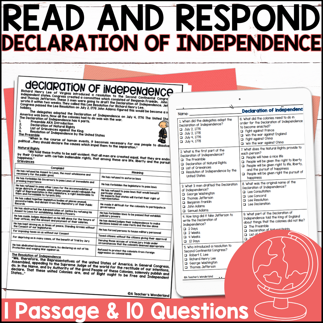Declaration Of Independence Reading Comprehension Questions History Centers A Teacher s Wonderland