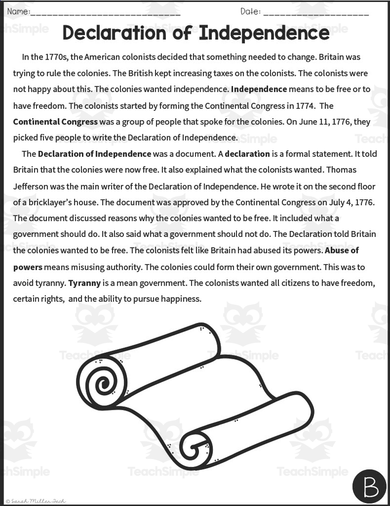 Declaration Of Independence Reading Packet Distance Learning