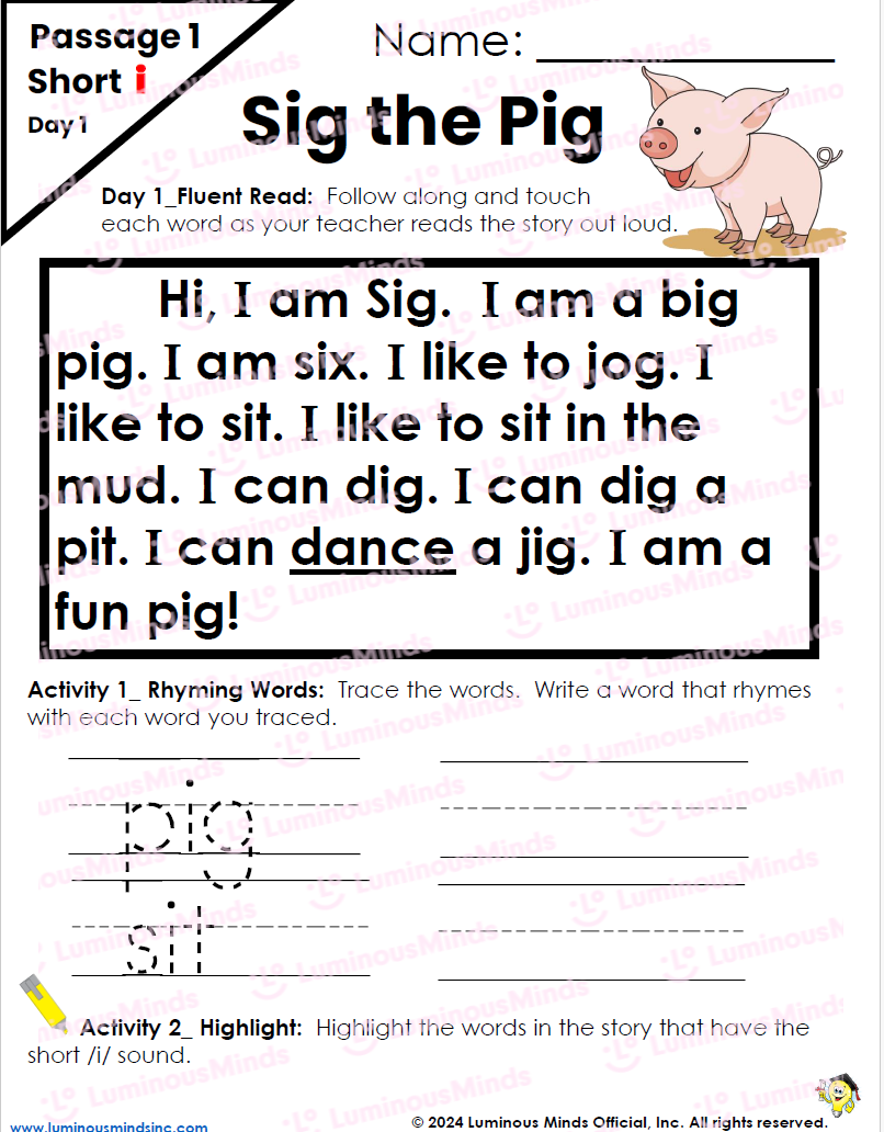 Decodable Passages Repeated Readings U0026 Fluency Building Set 4 Sig The Pig Short I 