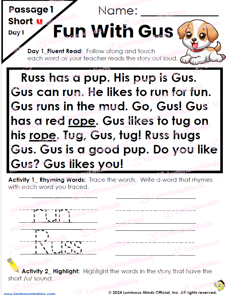 Decodable Passages Repeated Readings U0026 Fluency Building Set 5 Fun With Gus Short U 