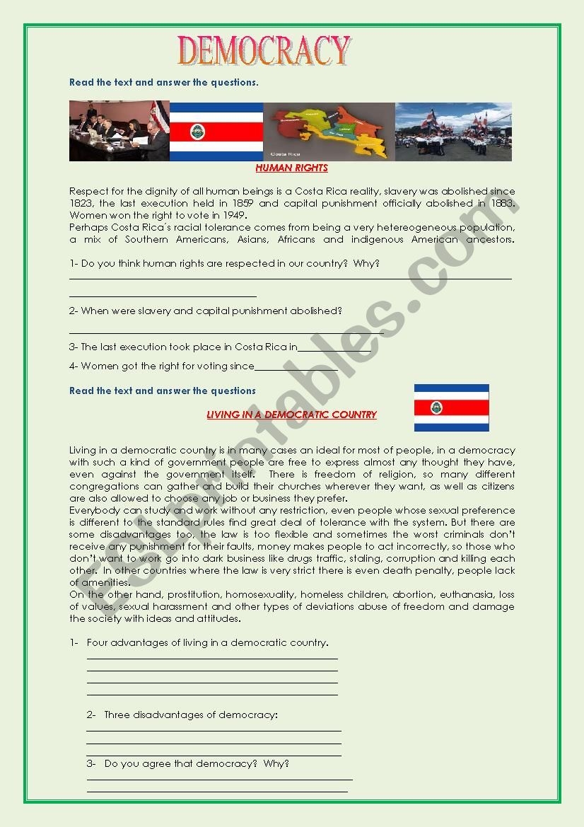 Democracy Reading Comprehension Worksheets