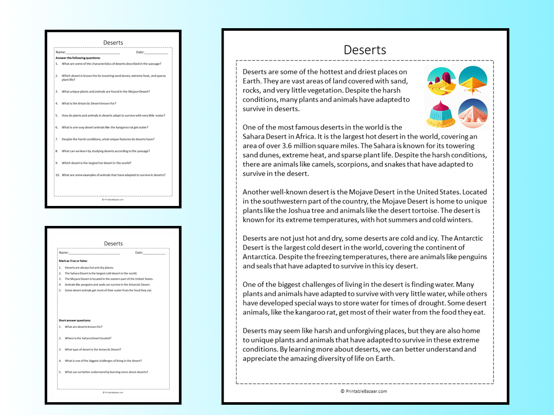 Deserts Reading Comprehension Passage Printable Worksheet Teaching Resources