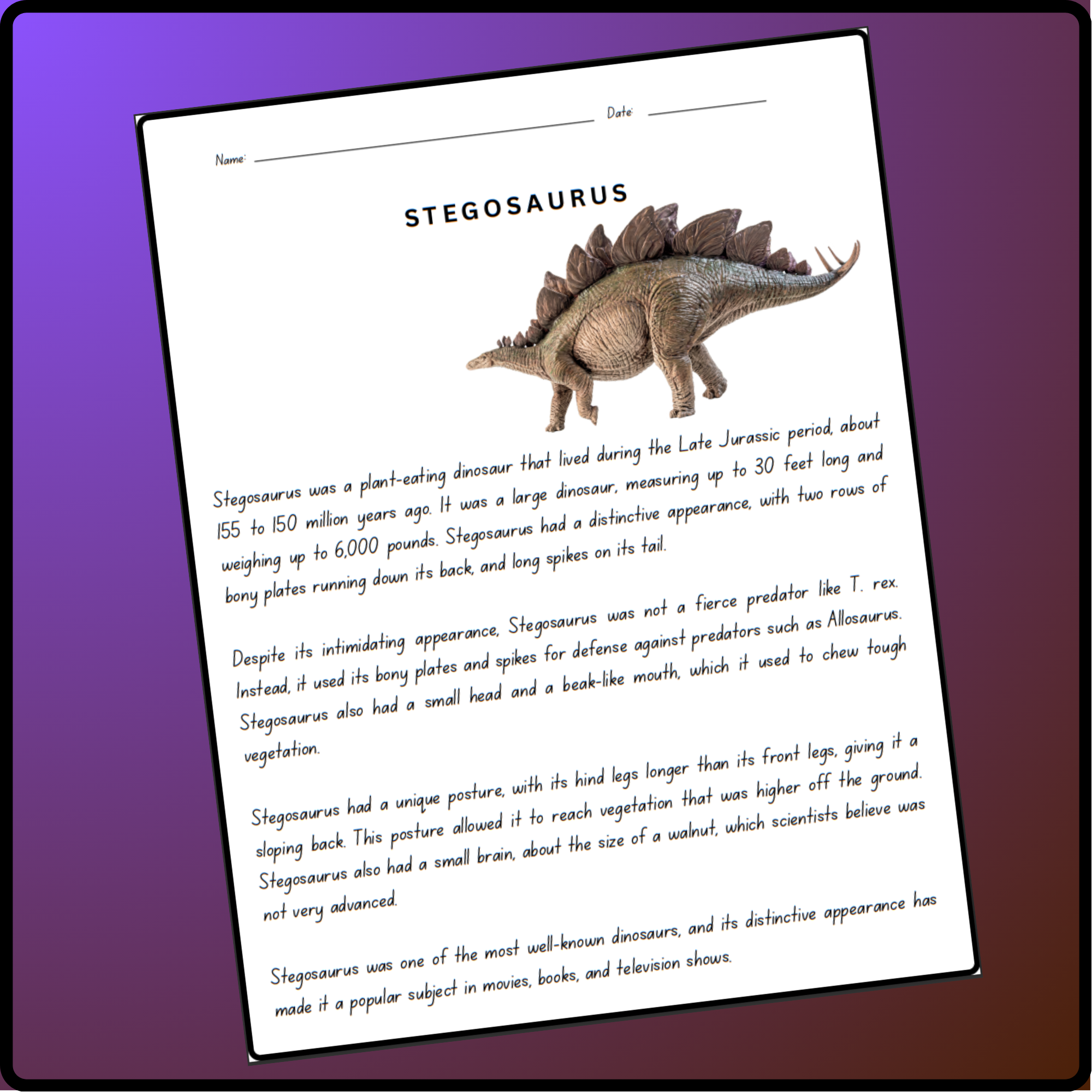 Dinosaur Activities Nonfiction Reading Comprehension Passages