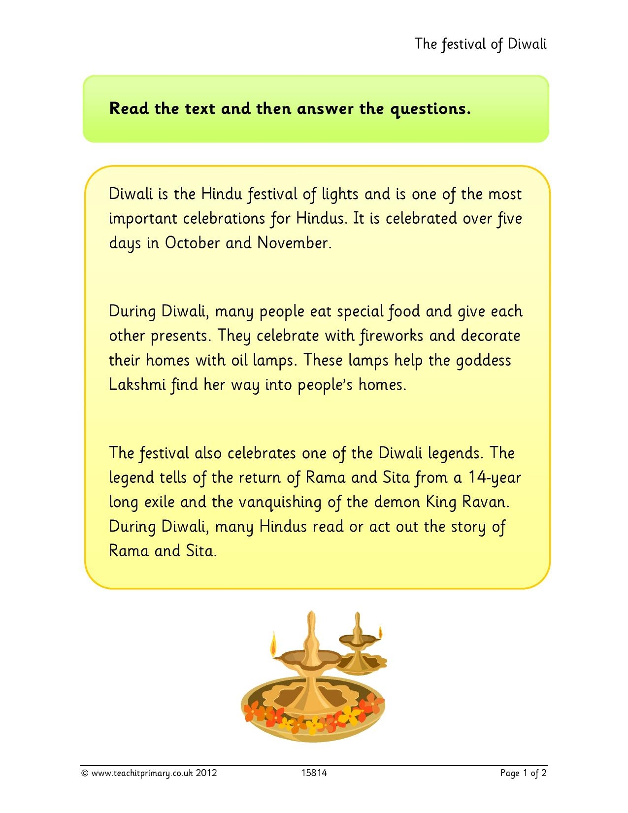 Diwali Reading Comprehension For KS1 Hinduism Teachit
