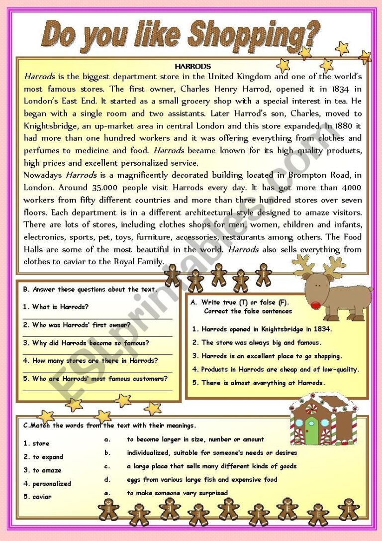 Do You Like Shopping Reading Comprehension ESL Worksheet By Thumbelina17