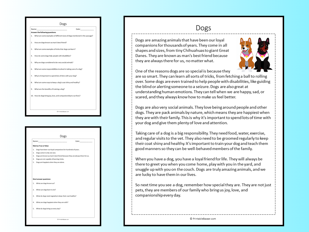 Dogs Reading Comprehension Passage Printable Worksheet Teaching Resources