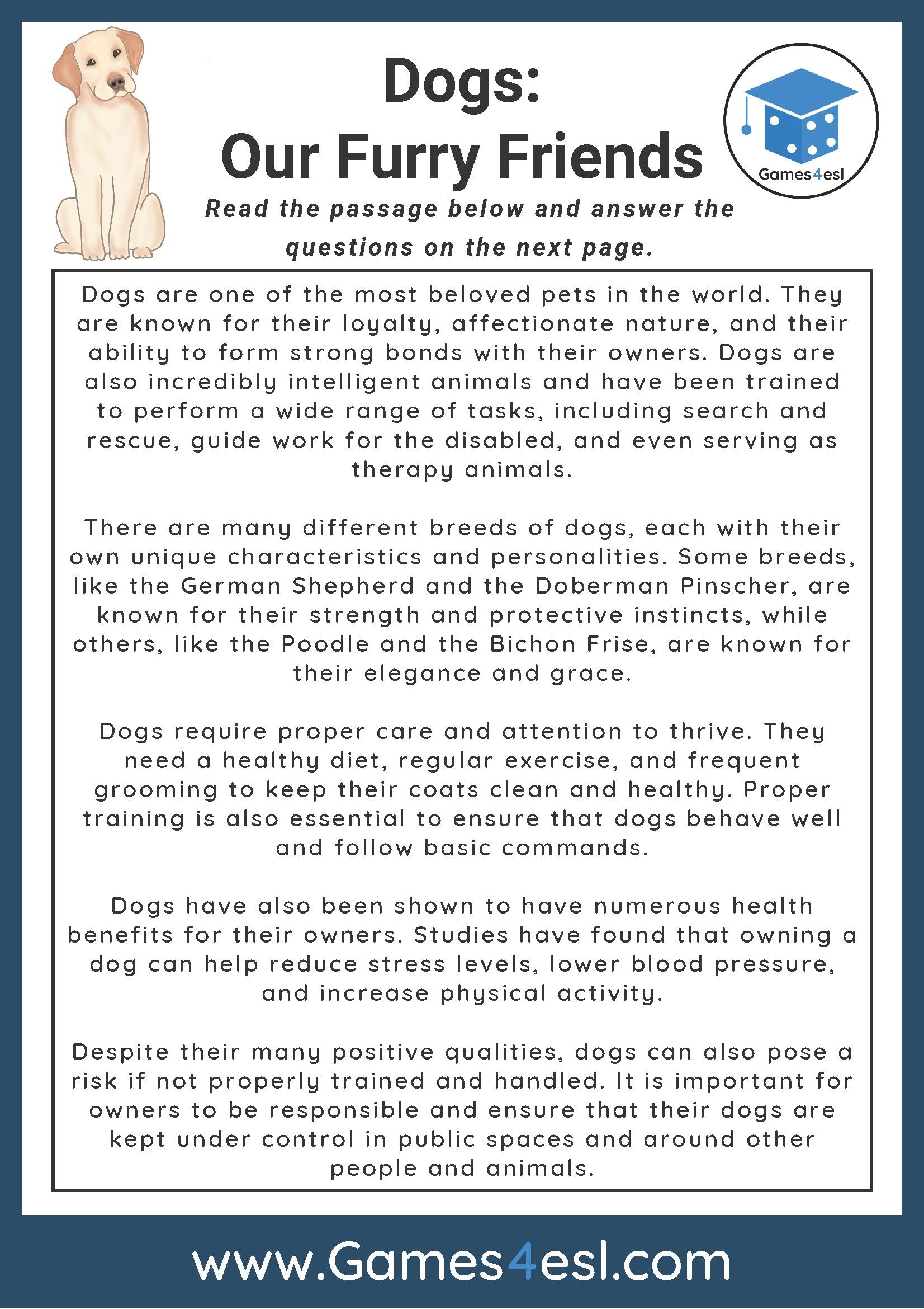 Dogs Reading Comprehension Worksheet Games4esl