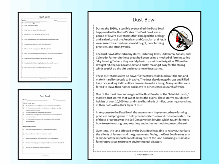 Dust Bowl Reading Comprehension Passage Printable Worksheet Teaching Resources
