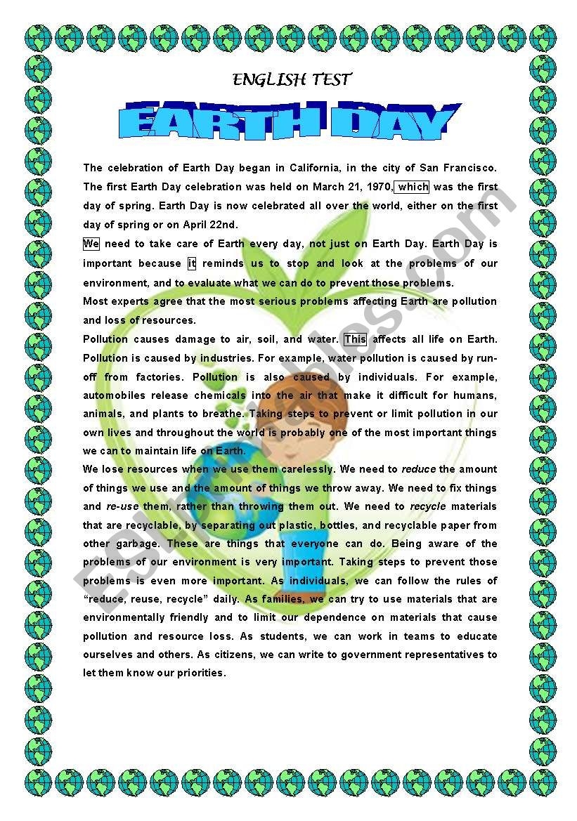 EARTH DAY READING COMPREHENSION ESL Worksheet By 1961Anucha