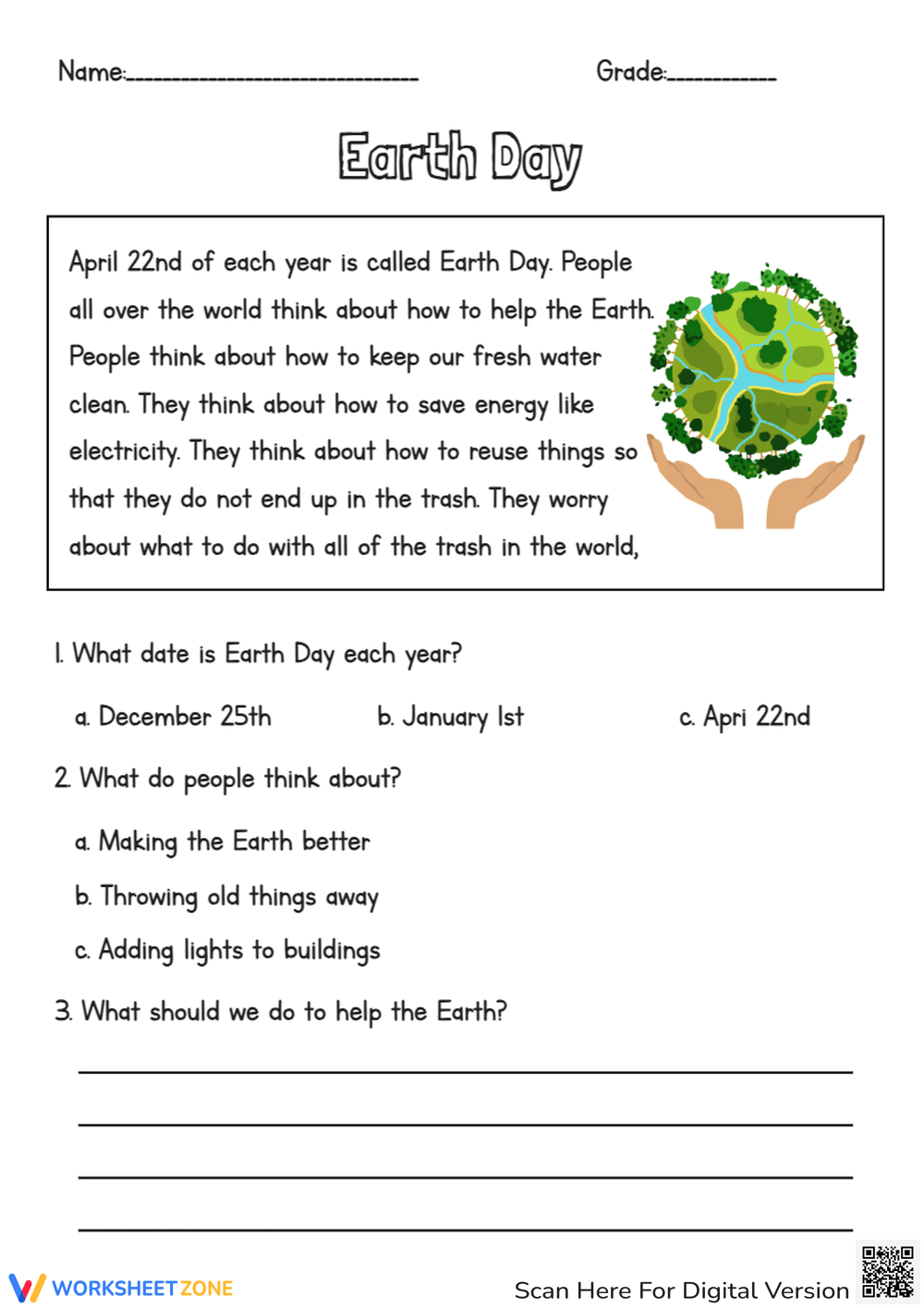 Earth Day Reading Comprehension Worksheets Free