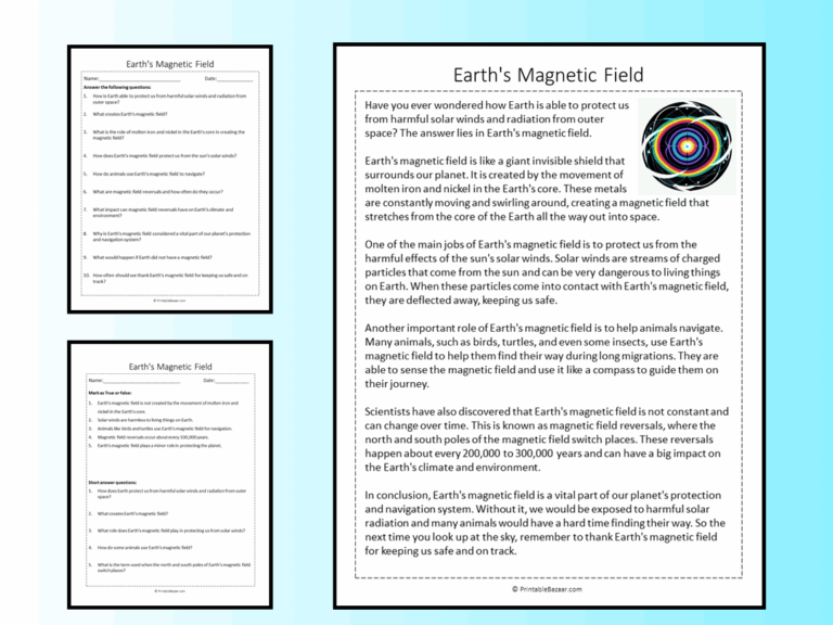 Earth s Magnetic Field Reading Comprehension Passage Printable 