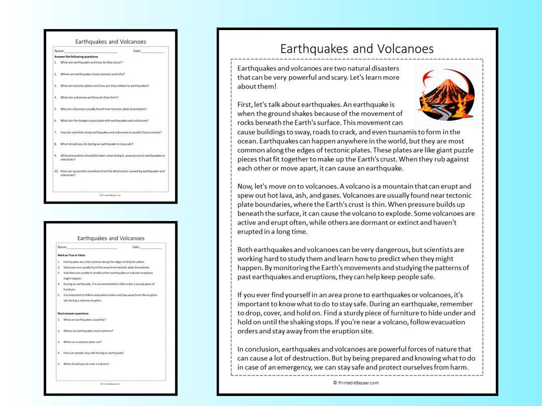 Earthquakes And Volcanoes Reading Comprehension Passage Printable 