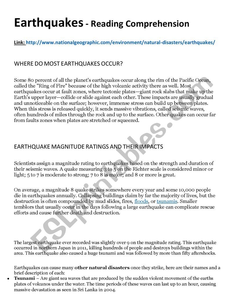 Earthquakes National Geographic Reading Comprehension ESL 