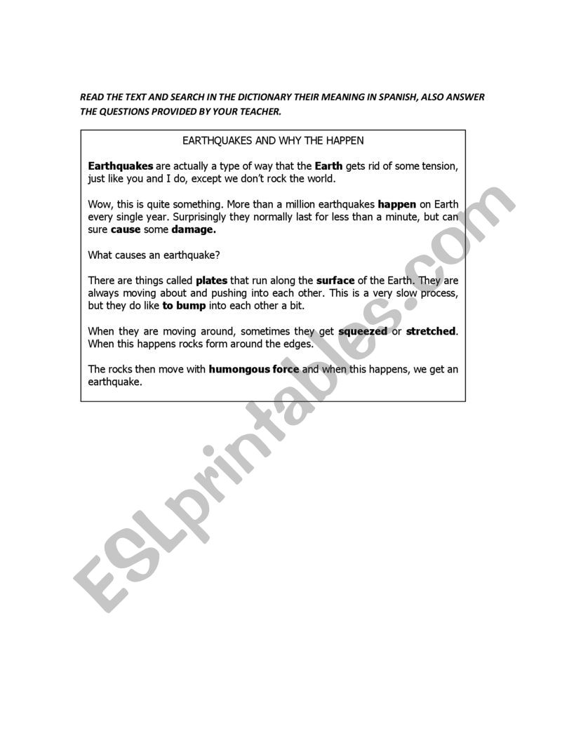 EARTHQUAKES READING COMPREHENSION ESL Worksheet By Teach barbs mtz