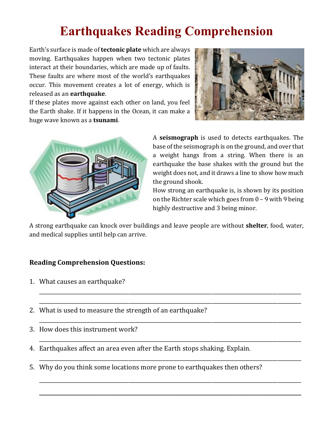 Earthquakes Reading Comprehension Worksheet