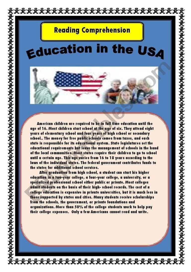 Education In The USA Reading Comprehenson ESL Worksheet By Zizou27300