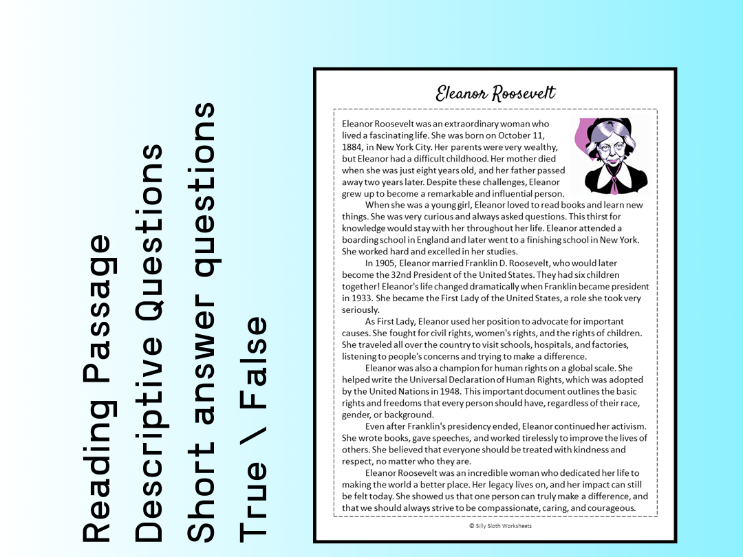 Eleanor Roosevelt Biography Reading Comprehension Passage Printable Worksheet PDF Teaching Resources