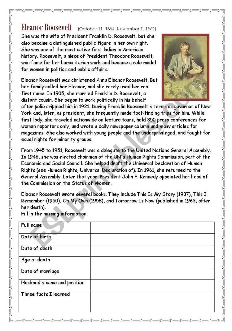 Eleanor Roosevelt ESL Worksheet By Eng789
