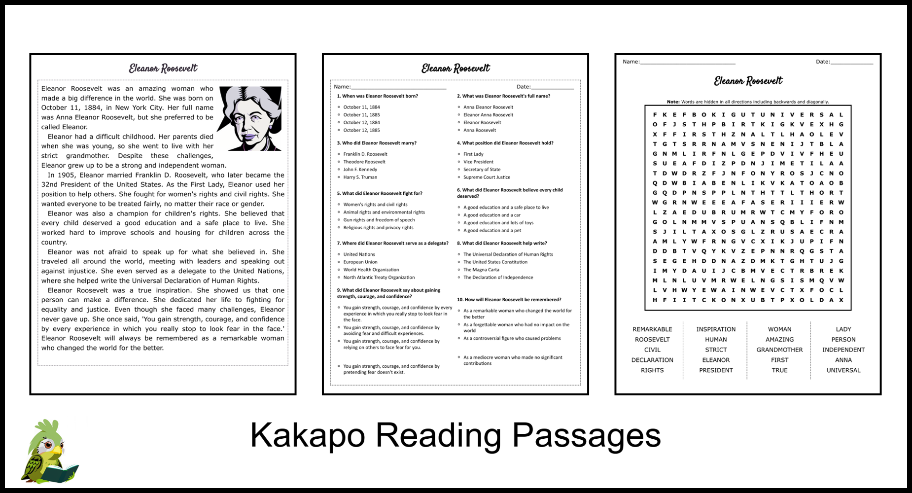 Eleanor Roosevelt Reading Comprehension And Word Search Teaching Resources