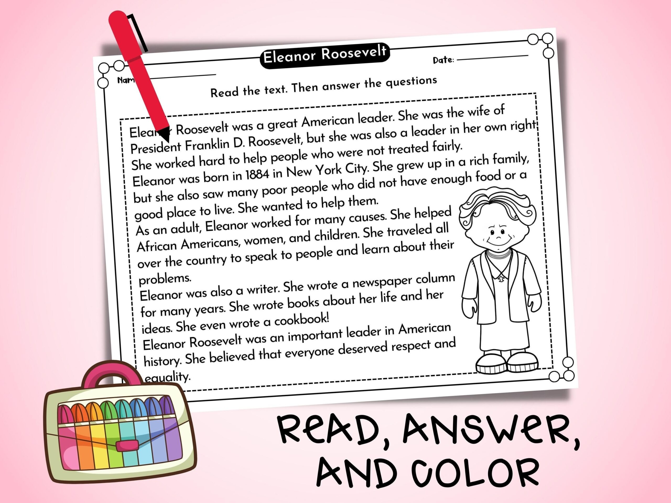Eleanor Roosevelt Reading Comprehension Passage Women History Month Worksheets March Activities For Grade K 2 Timeline Activity Etsy