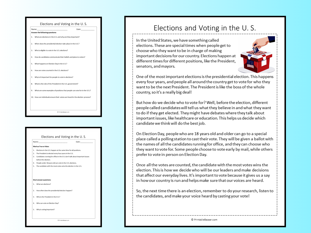 Elections And Voting In The U S Reading Comprehension Passage Printable Worksheet Teaching Resources