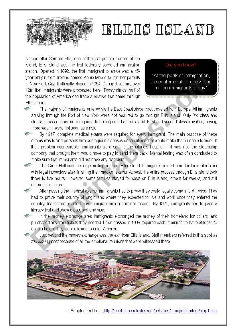 Ellis Island ESL Worksheet By Mmargalef