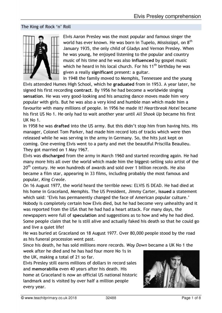 Elvis Presley Comprehension KS2 English Teachit