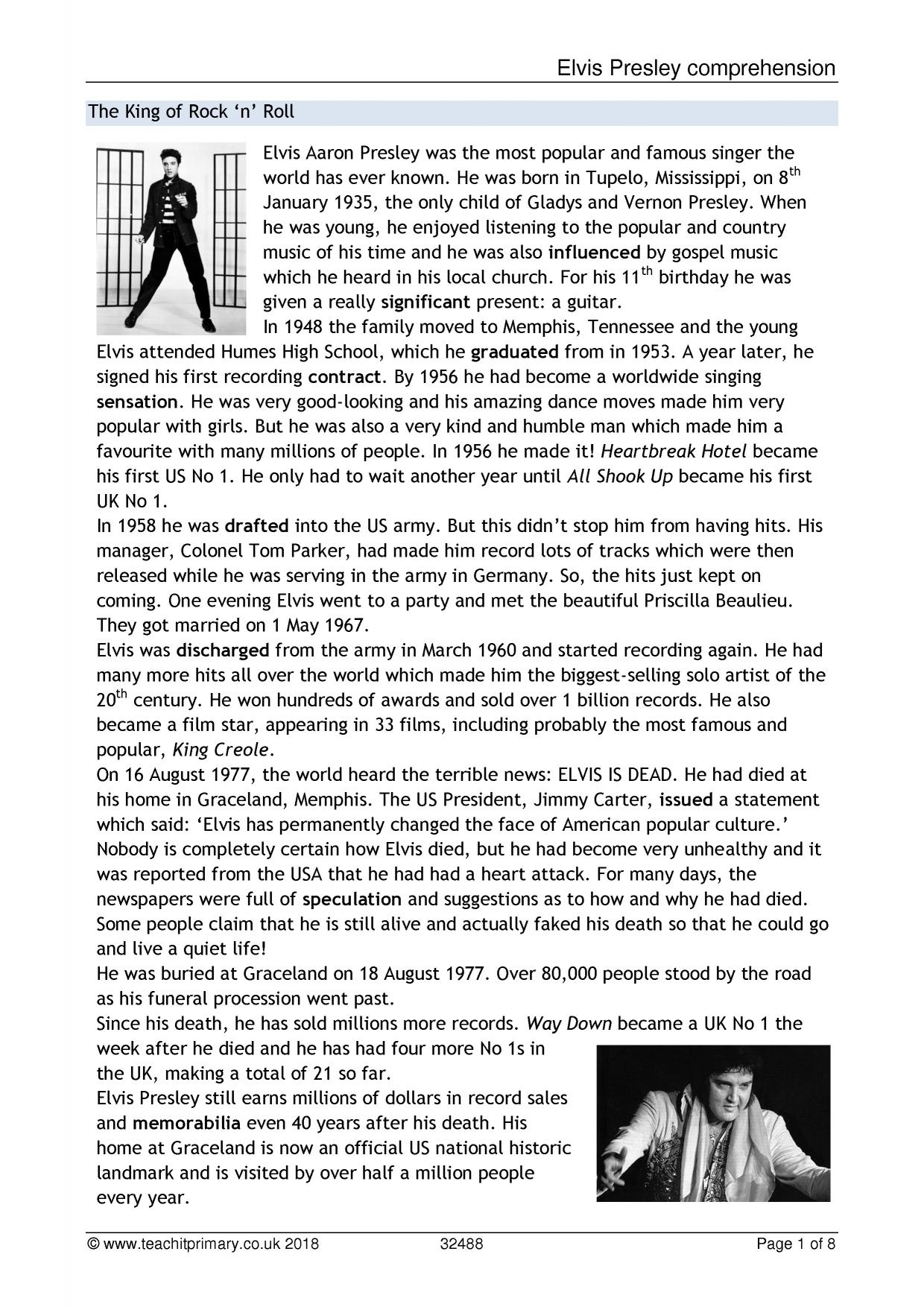 Elvis Presley Comprehension KS2 English Teachit