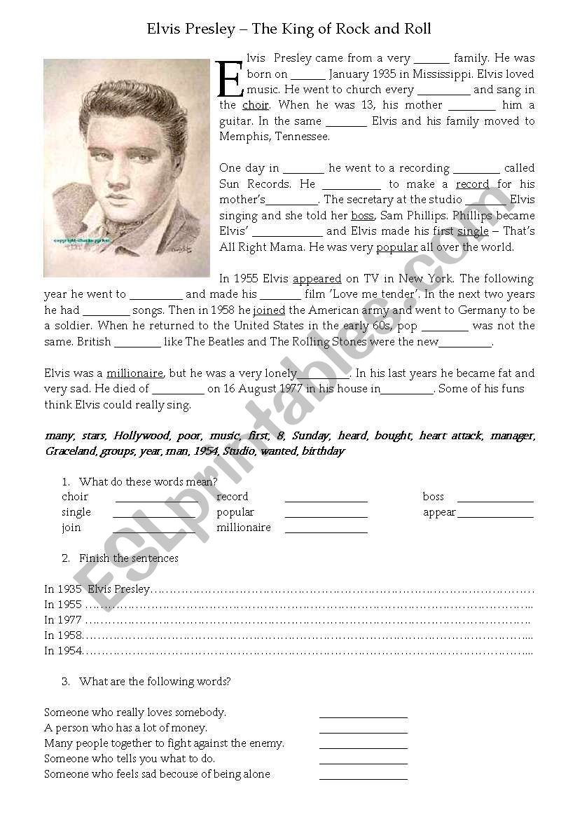 Elvis Presley ESL Worksheet By SMAgnes