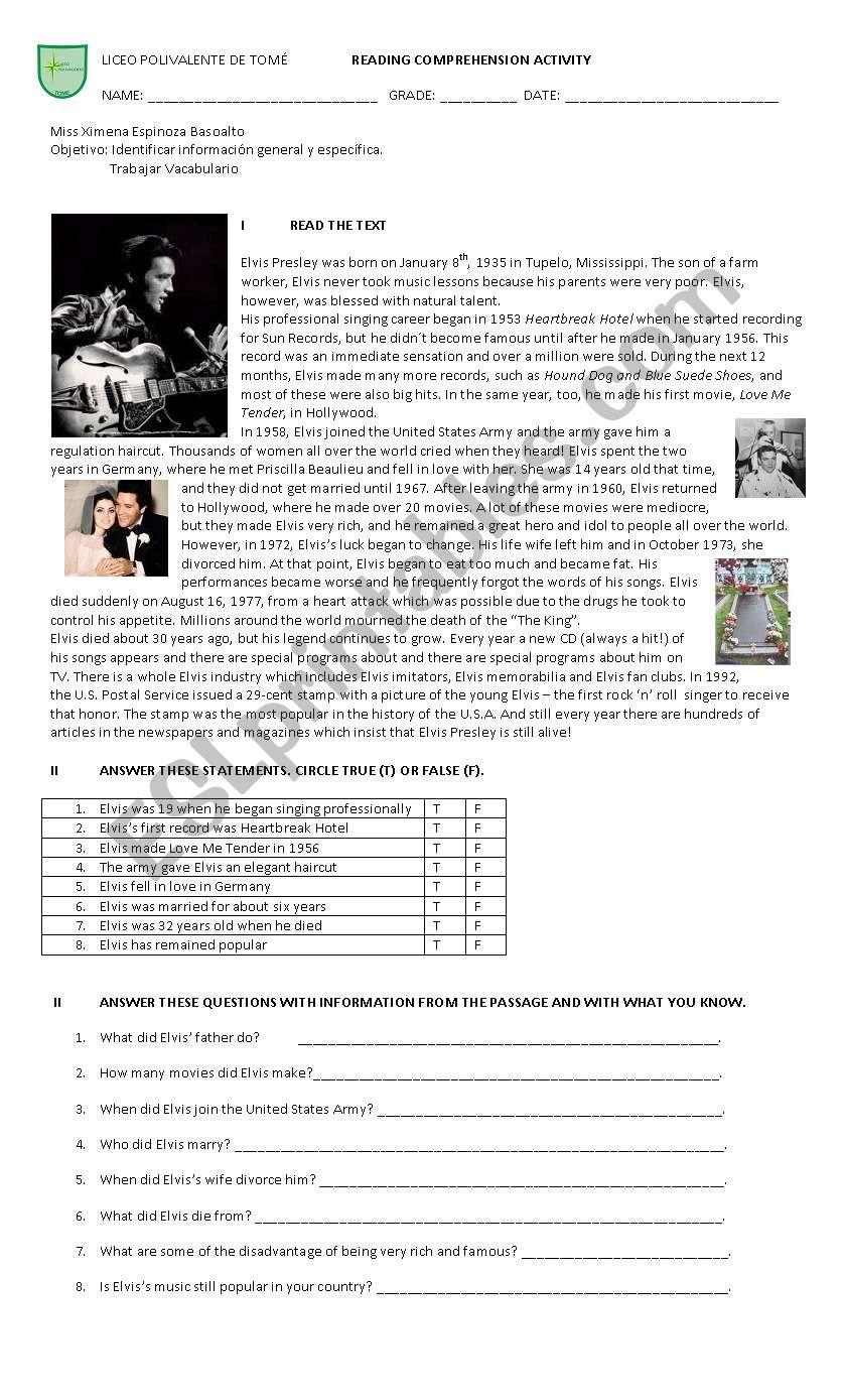 Elvis Presley Reading Comprehension ESL Worksheet By Ximena 14