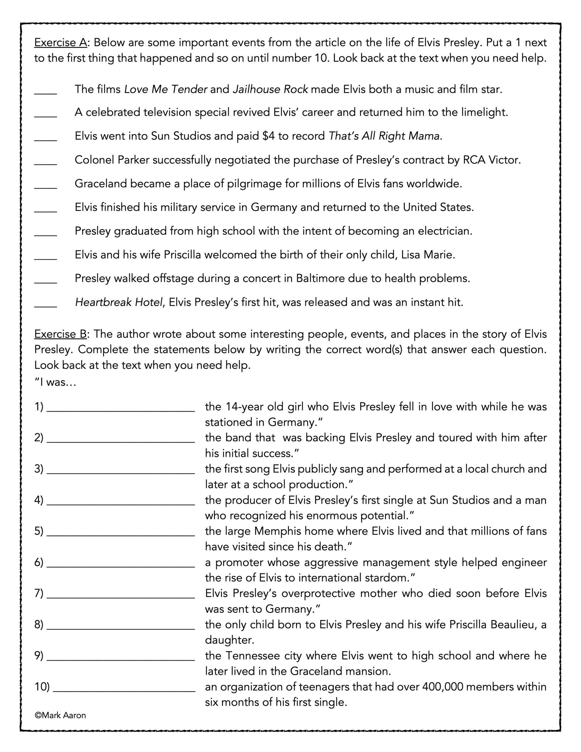 Elvis Presley Reading Comprehension Passage And Assessment Classful