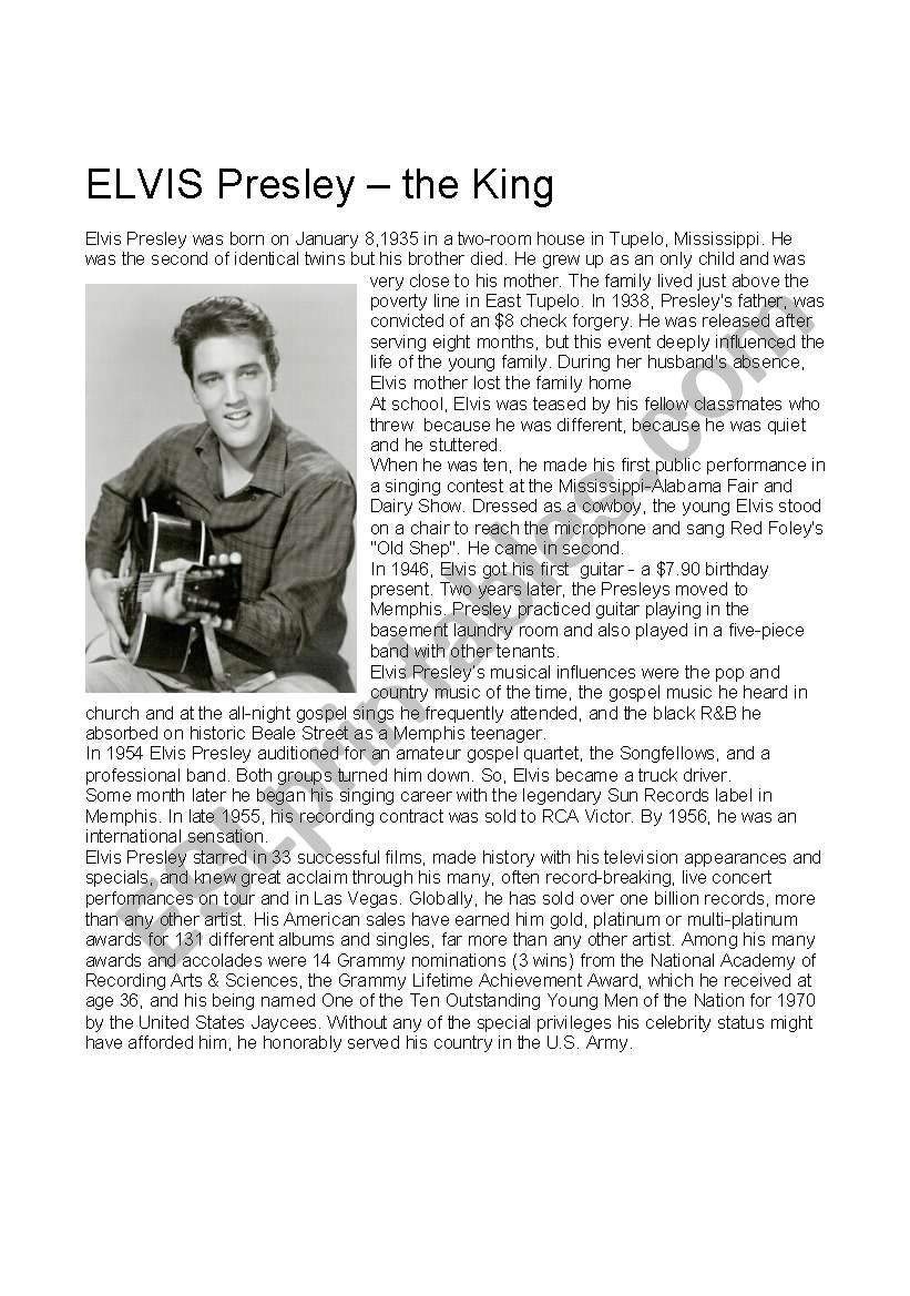 Elvis Presley The King ESL Worksheet By S lefevre