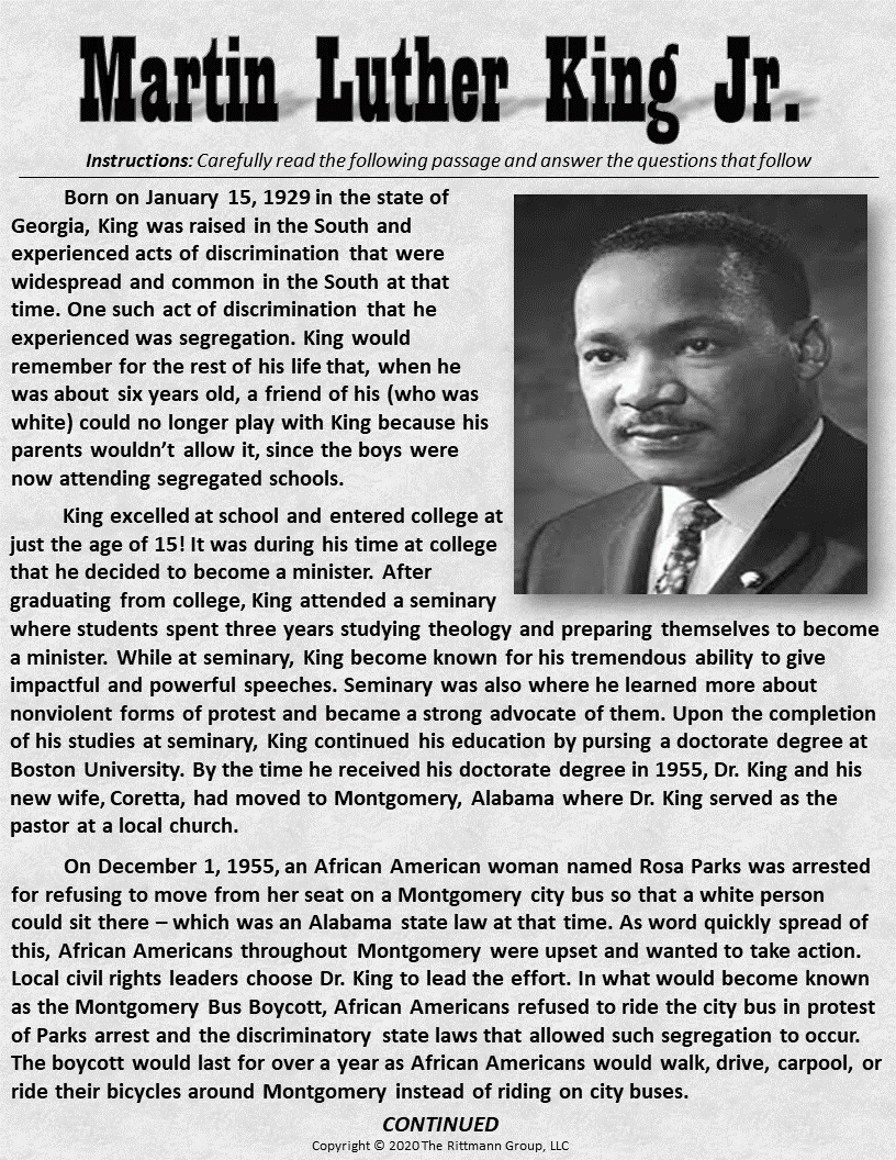 Civil Rights Movement Reading Comprehension Worksheets