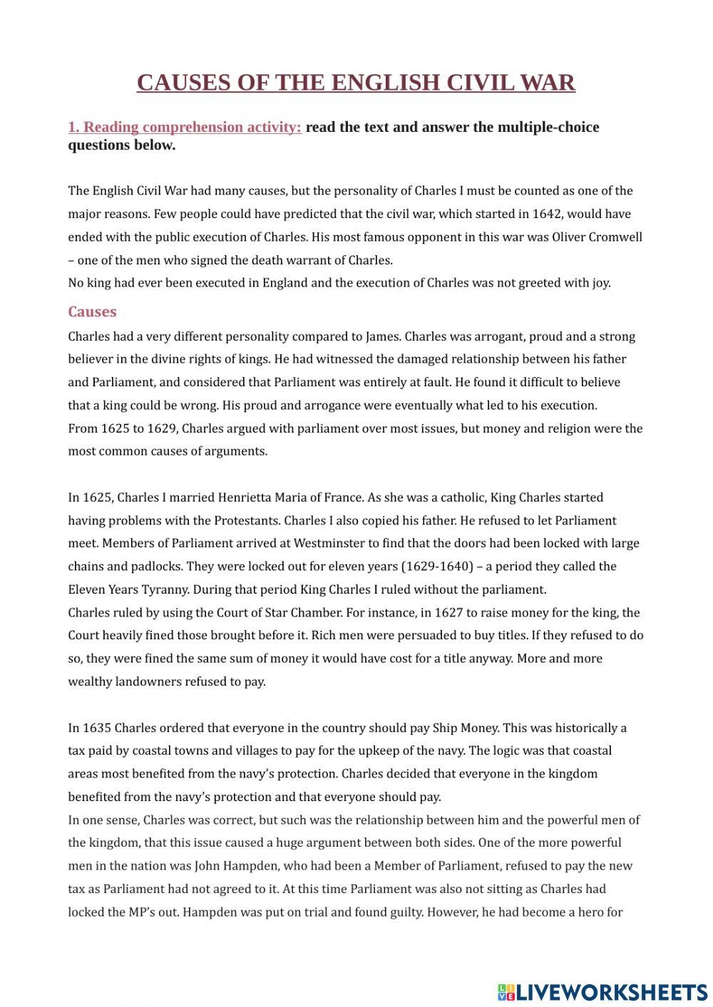 English Civil War Worksheet Live Worksheets Worksheets Library