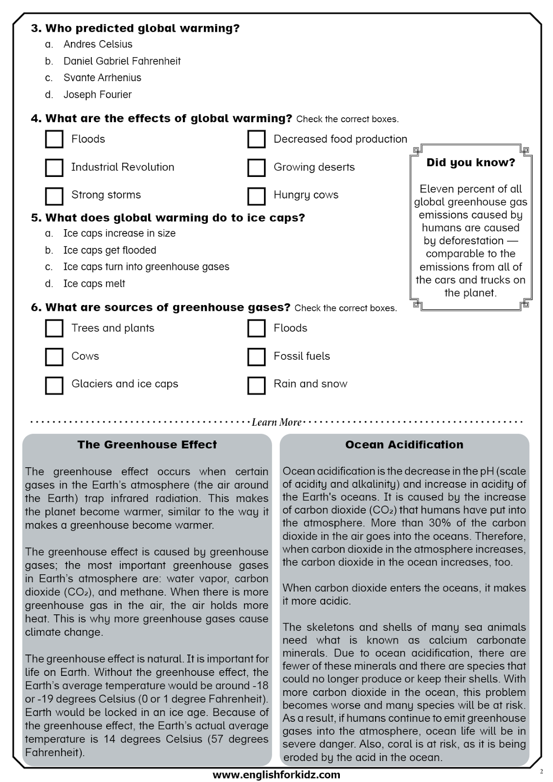 English For Kids Step By Step Global Warming Reading Comprehension Worksheets Flashcards