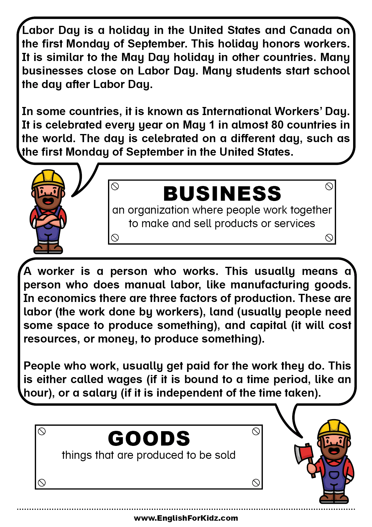 English For Kids Step By Step Labor Day Worksheets And Reading 