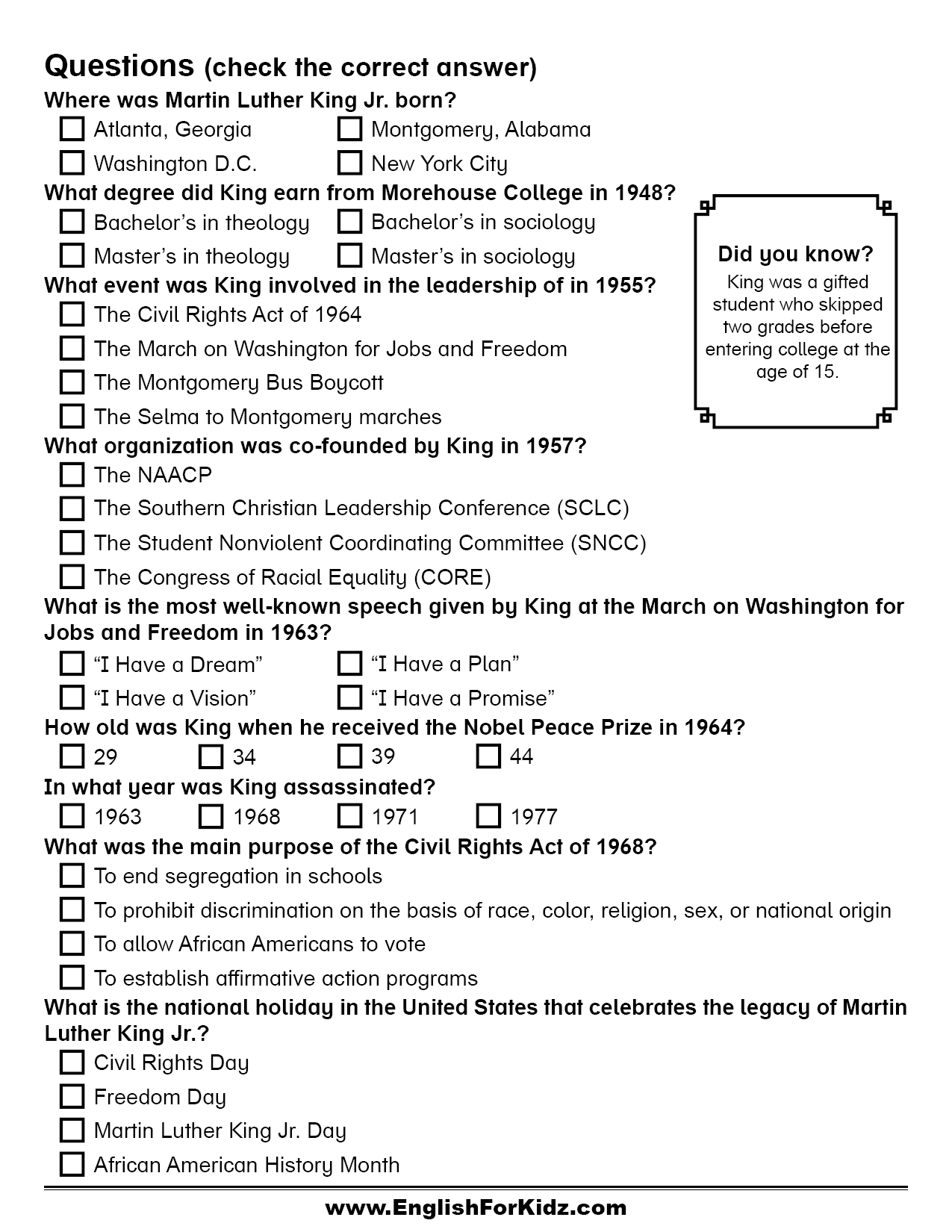 Marti Luther King Reading Comprehension Worksheet