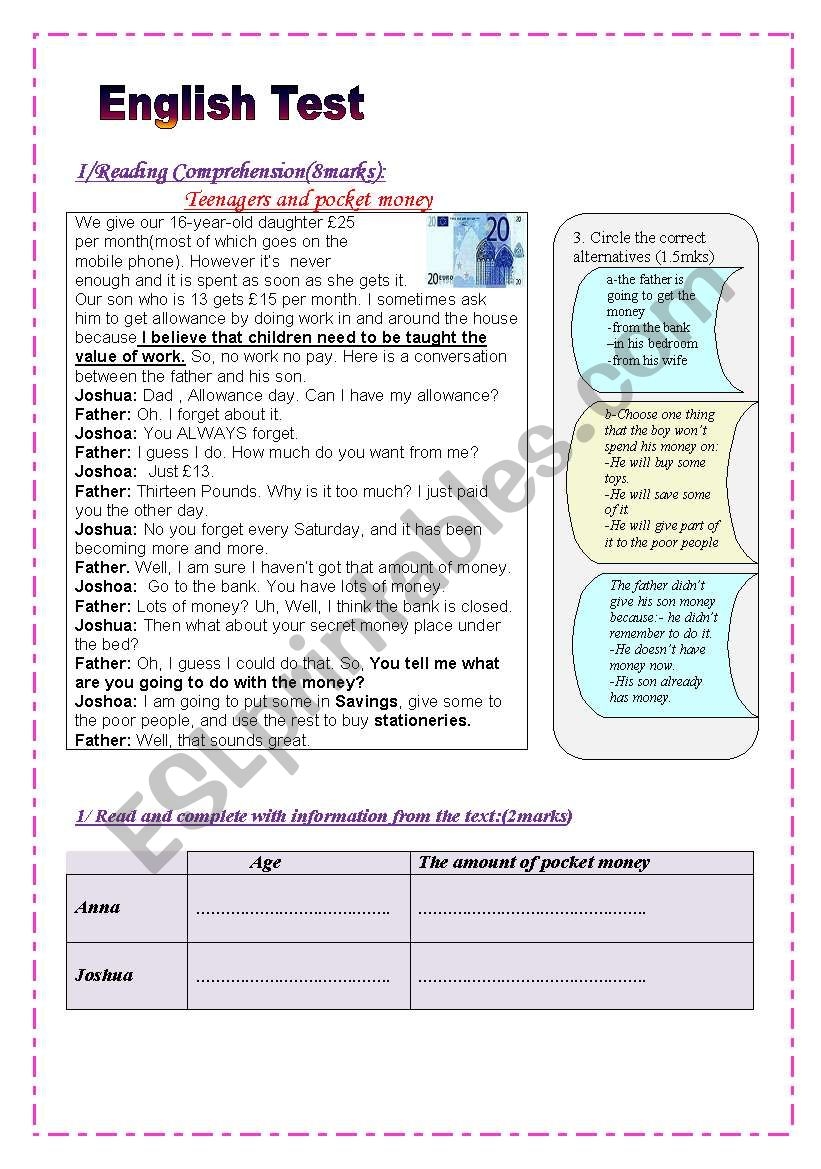 English Test 2 Parts 9th Form Mid Term 1 Reading Comprehension Grammar Vocabulary Key Answers ESL Worksheet By Falafel