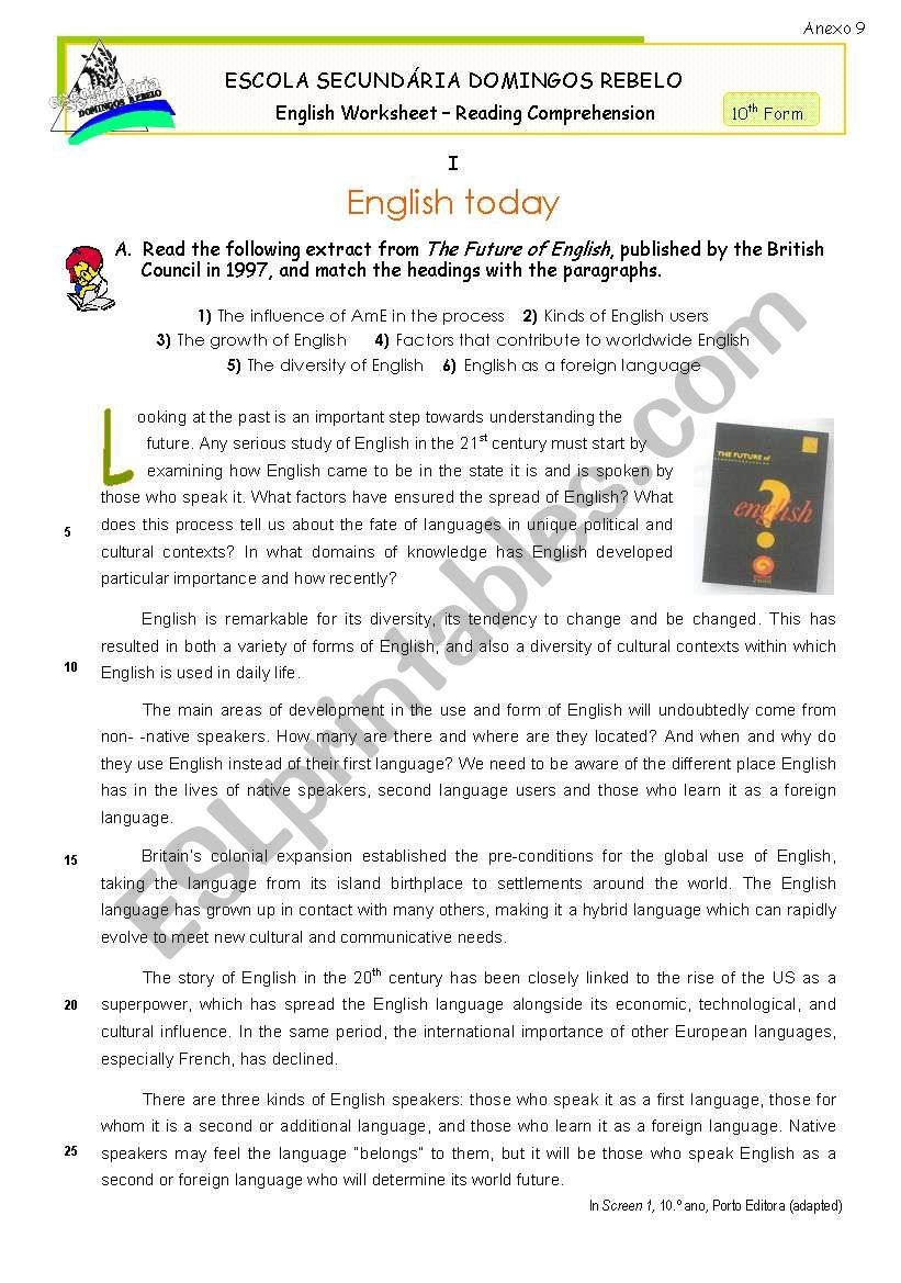 ENGLISH TODAY Reading Comprehension ESL Worksheet By Mena22