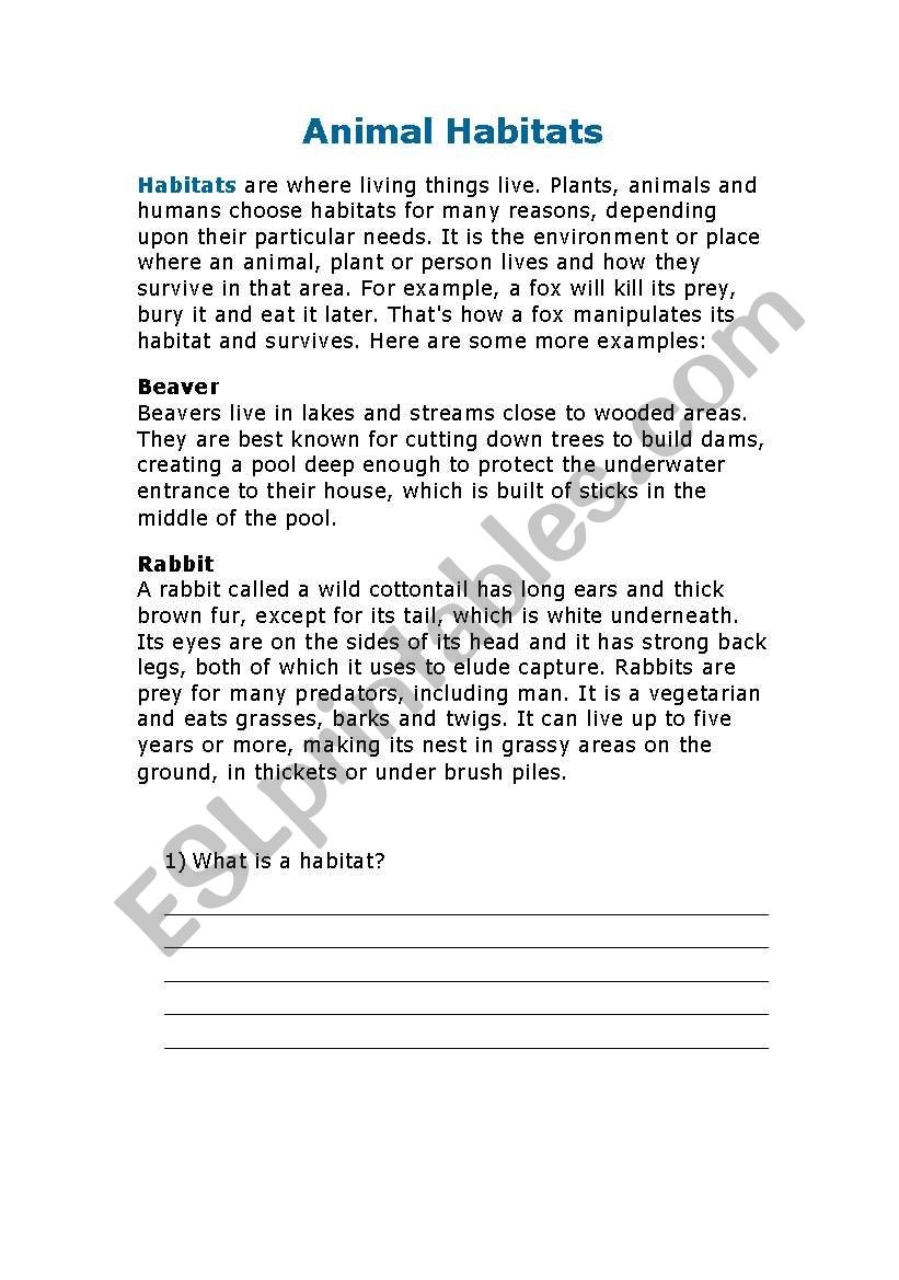 English Worksheets Animal Habitats