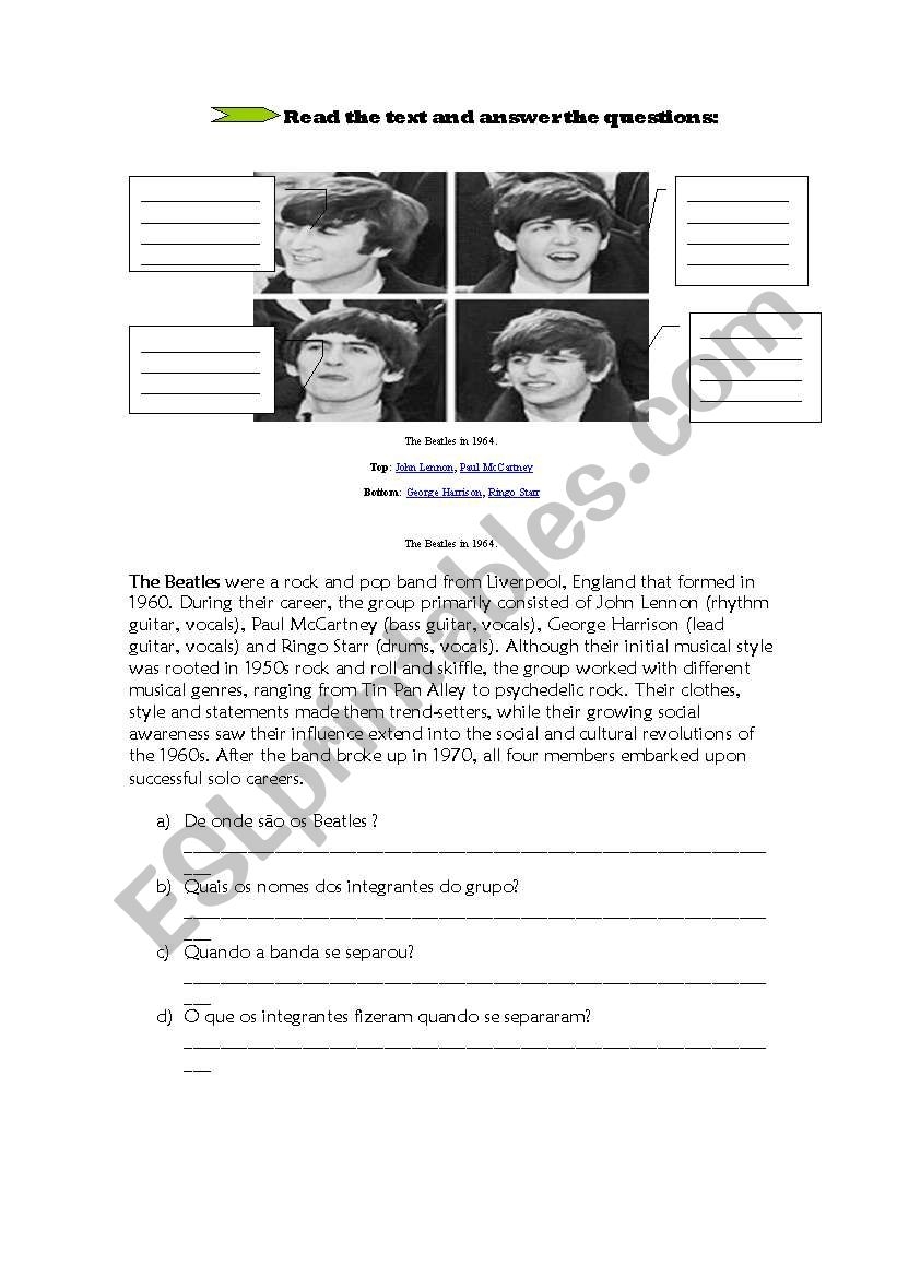 English Worksheets Beatles Reading Comprehension