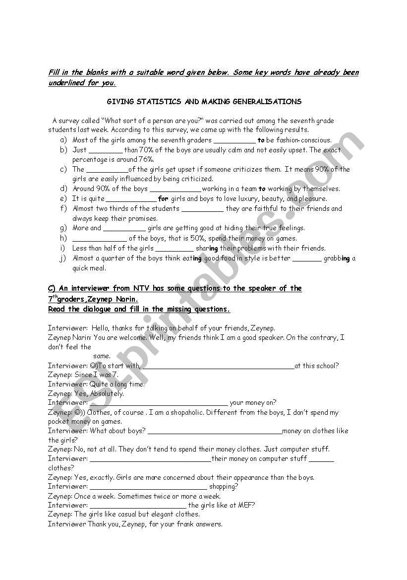 English Worksheets Making Generalizations And Statistics
