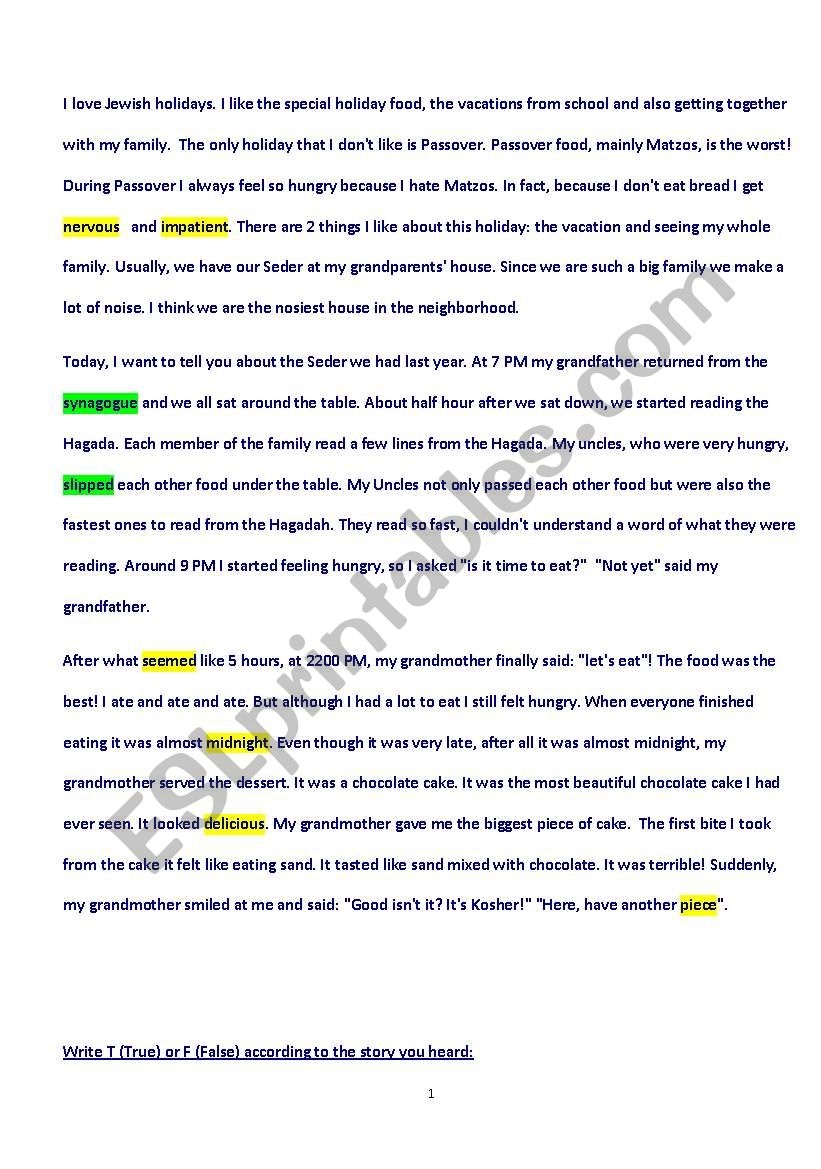 Passover Reading Comprehension Worksheets