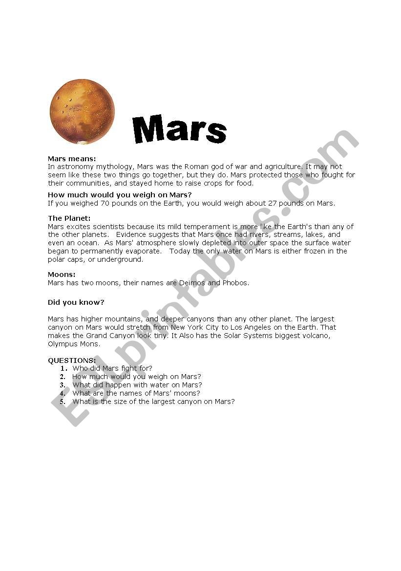 English Worksheets Reading Comprehension Mars