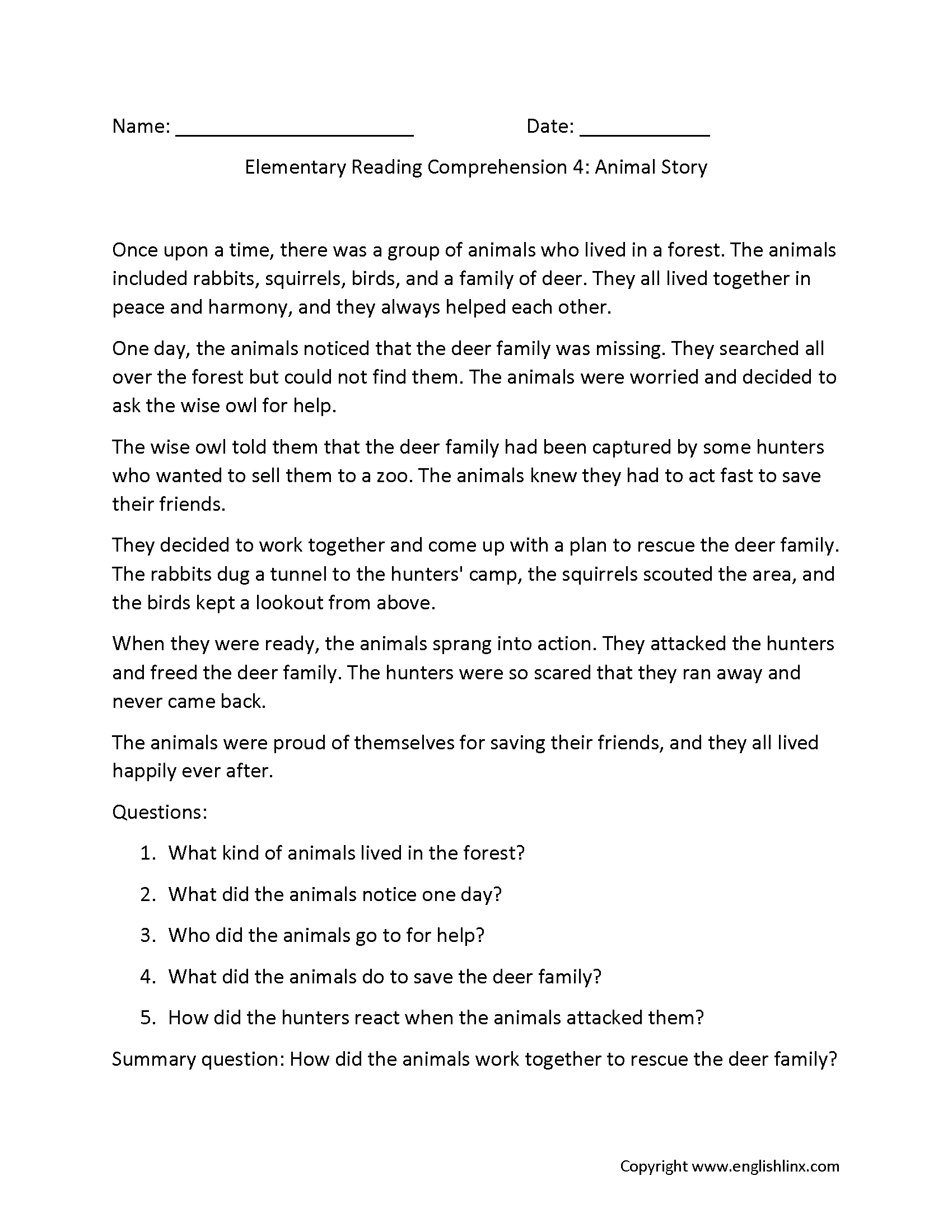 Elementary Level Reading Comprehension Worksheets