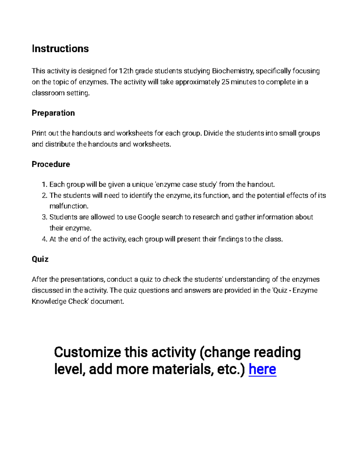Enzyme Reading Comprehension Worksheet